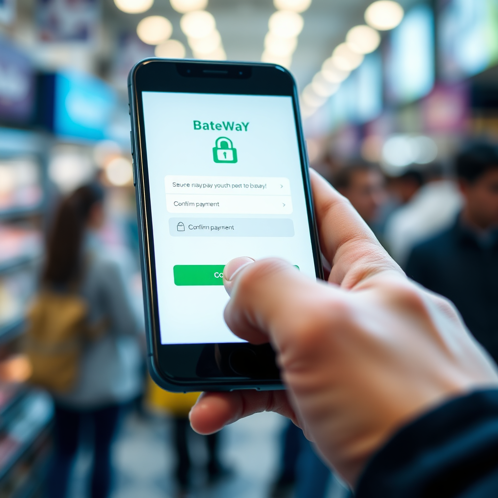 A close-up shot of a smartphone displaying a secure payment gateway interface. The interface is clean and modern, with visible security symbols (e.g., padlock, encryption icon). A hand is tapping the 'confirm payment' button. The background is blurred, suggesting a busy marketplace. The lighting is focused and clean. The color palette is professional and trustworthy, using blues and greens. The image should evoke a sense of security and reliability in online transactions.