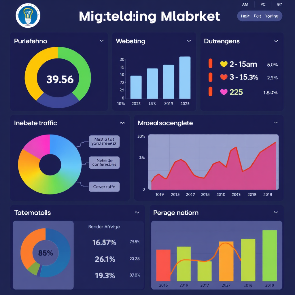 A visually engaging digital marketing dashboard displaying key metrics such as website traffic, social media engagement, and conversion rates. The dashboard is colorful and easy to understand, with clear visual cues highlighting important trends and insights.