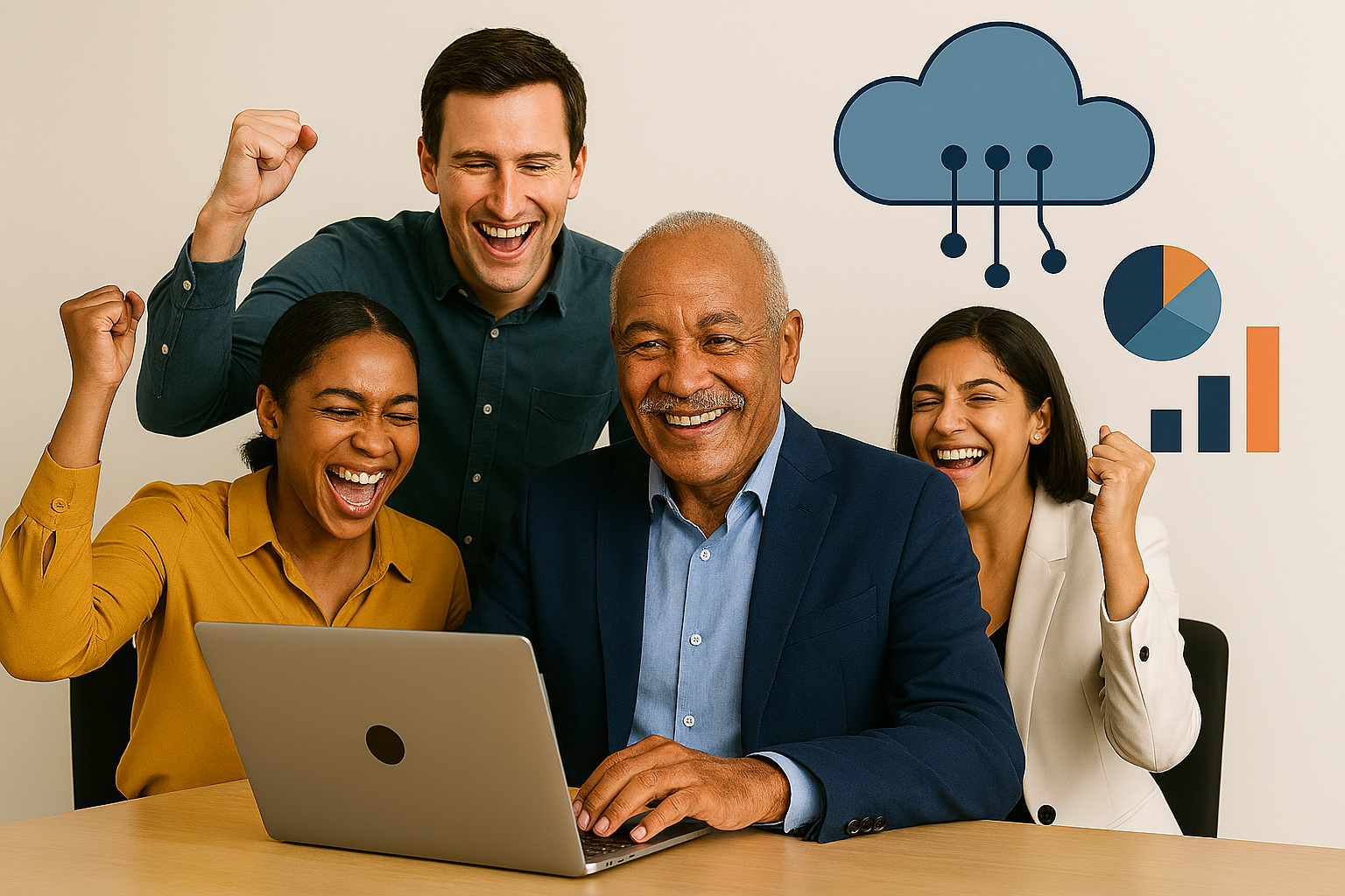 A stylized infographic illustrating the flow of information and resources within a business, highlighting efficiency gains achieved through IT solutions. Use visual cues to represent key processes such as inventory management, customer relationship management, and financial reporting. The infographic should be clean, modern, and easy to understand, with a color palette that emphasizes clarity and efficiency.